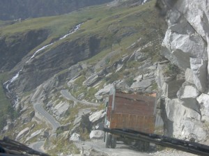 View of road into Manali from inside our bus
